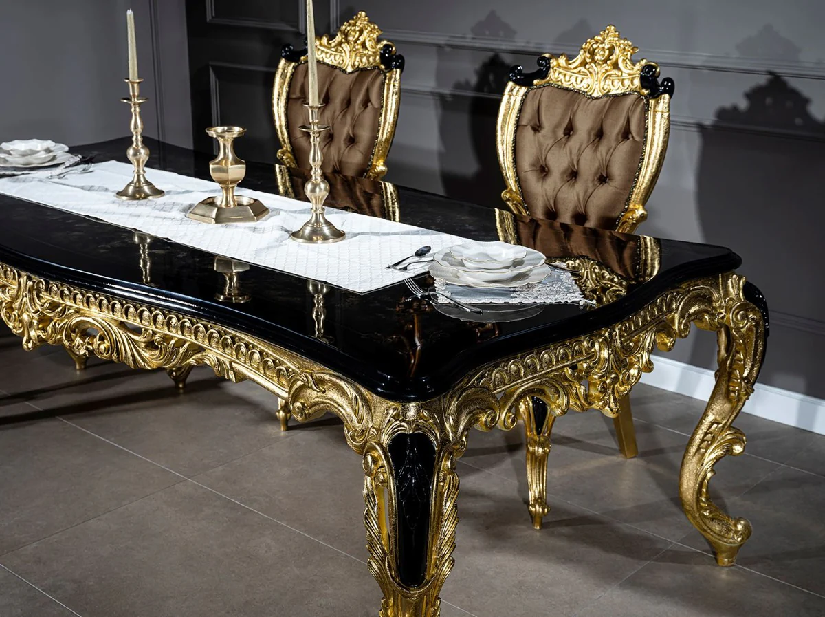 Luxus Barock Esstisch Schwarz / Gold 230 x 114 x H. 80 cm - Prunkvoller Massivholz Esszimmertisch - Esszimmer Möbel im Barockstil