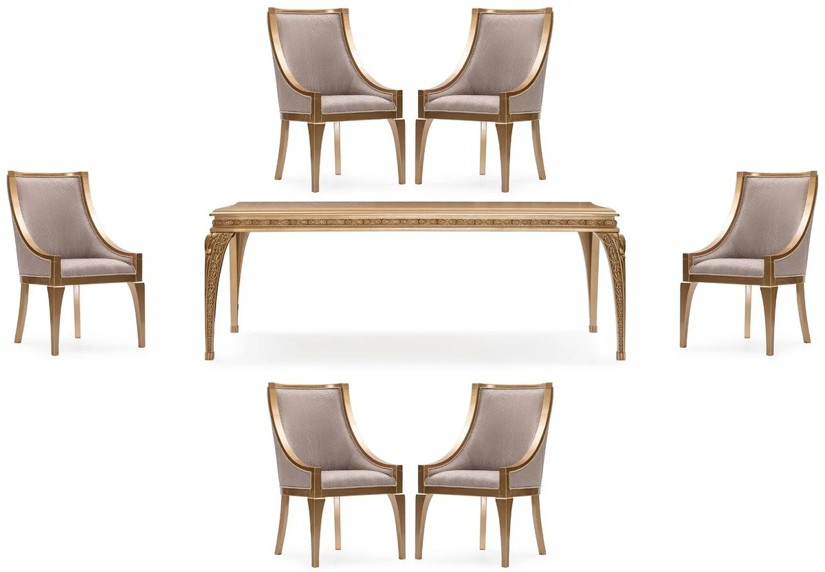Luxus Barock Esszimmer Set Grau / Gold - 1 Barock Esstisch & 6 Barock Esszimmerstühle - Luxus Esszimmer Möbel im Barockstil - Prunkvolle Barock Esszimmer Möbel