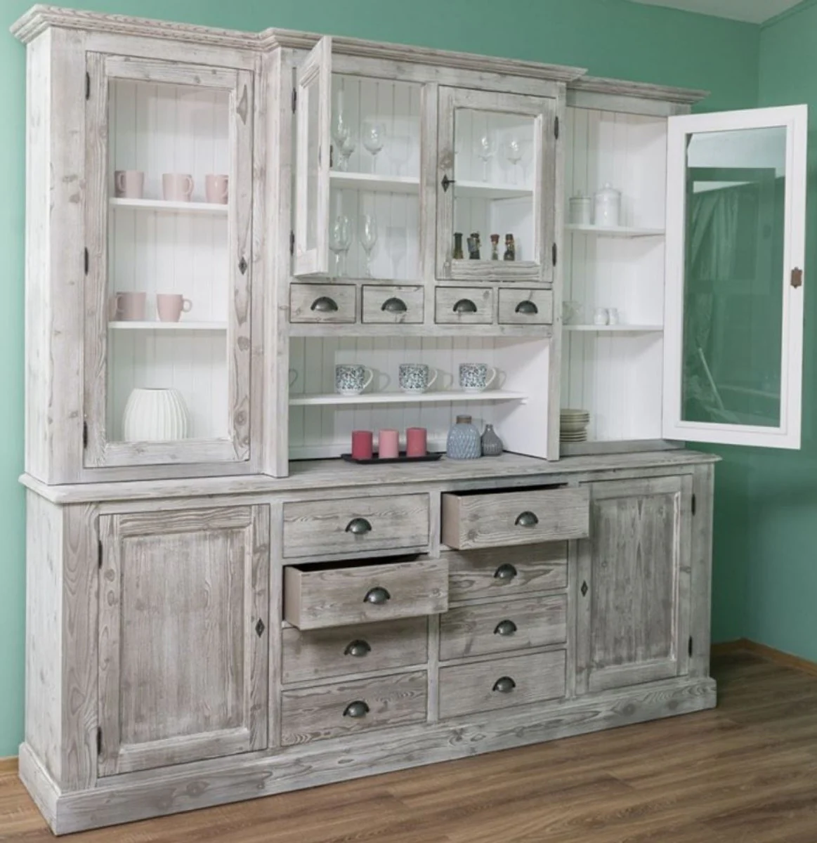 Landhausstil Küchenschrank Grau / Weiß 244 x 47 x H. 225 cm - 2 Teiliger Schrank mit 6 Türen und 12 Schubladen - Landhausstil Küchenmöbel