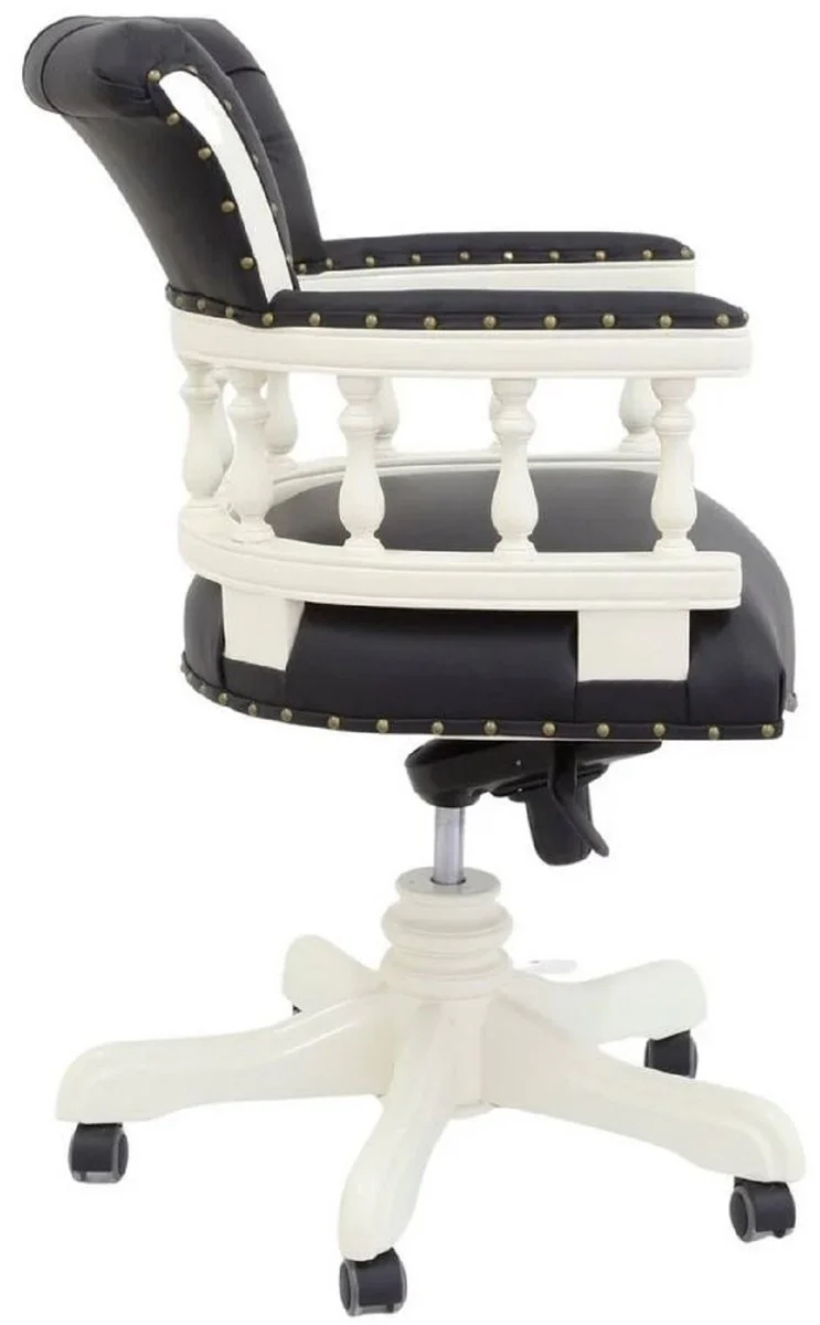 Luxus Barock Chesterfield Echtleder Schreibtischstuhl Schwarz / Weiß H. 107 cm - Barock Büro Möbel
