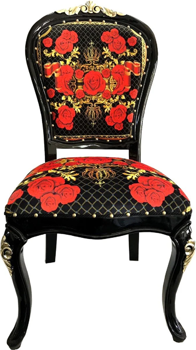 Pompöös by Luxus Barock Esszimmerstühle Roses Schwarz / Rot / Gold - Esszimmer Set - 4 Pompööse Barock Stühle designed by Harald Glööckler