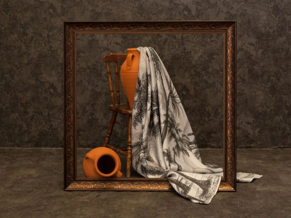 Luxus Vorhang Set Palmen Grau / Schwarz 250 x H. 290 cm - Bedruckte Leinen & Samt Vorhänge - Ösenvorhänge - Schiebevorhänge - Luxus Deko Accessoires