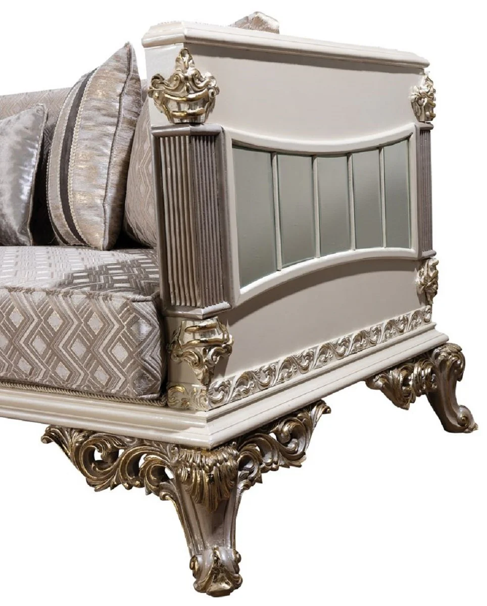 Luxus Barock Sofa Silber / Weiß / Grau / Gold - Verspiegeltes Barockstil Wohnzimmer Sofa - Luxus Wohnzimmer Möbel im Barockstil - Barock Möbel - Barock Einrichtung