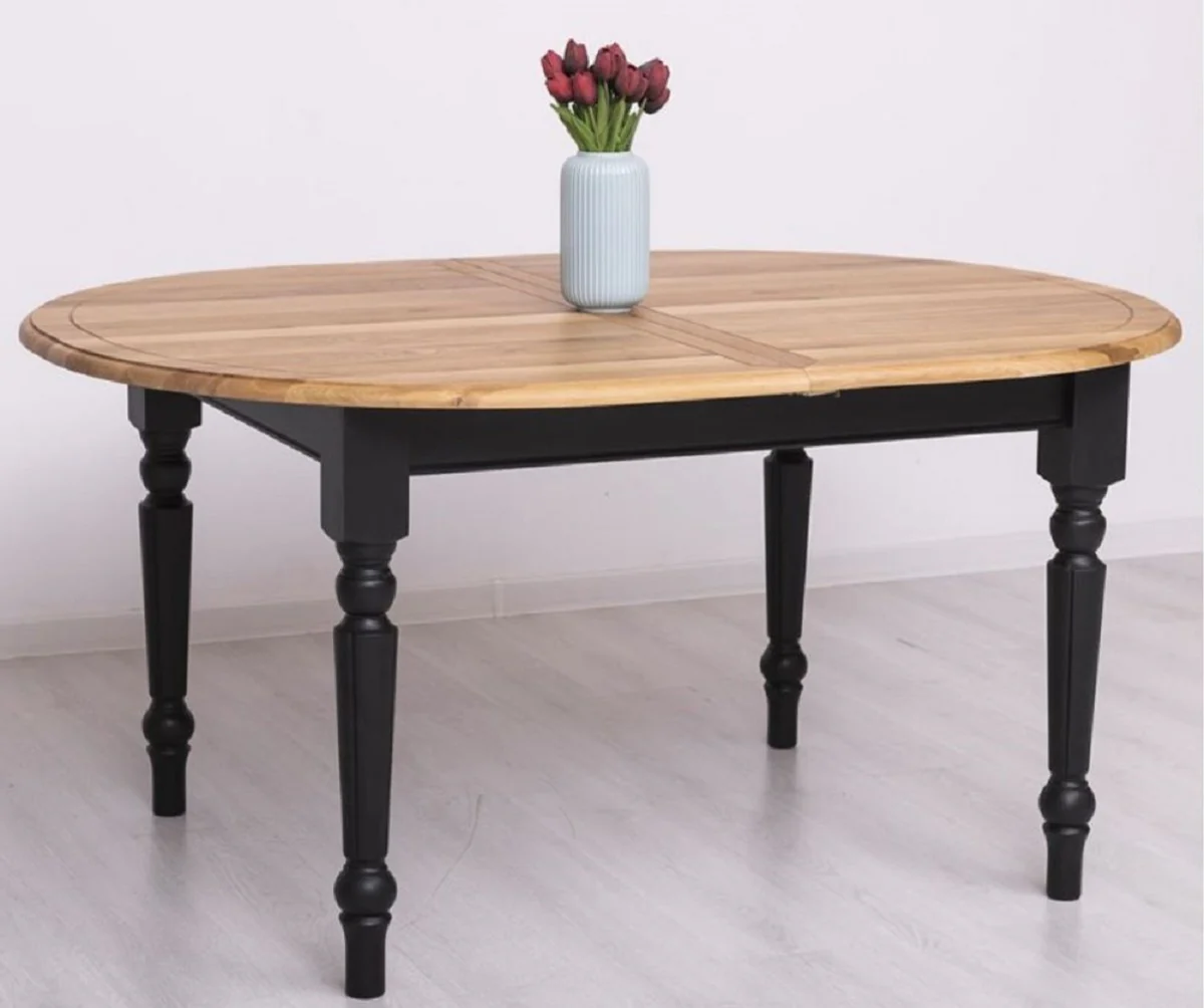 Landhausstil Esstisch Naturfarben / Schwarz 160-200 x 120 x H. 78 cm - Ovaler ausziehbarer massivholz Küchentisch mit Eichenholz Tischplatte - Esszimmer Möbel im Landhausstil