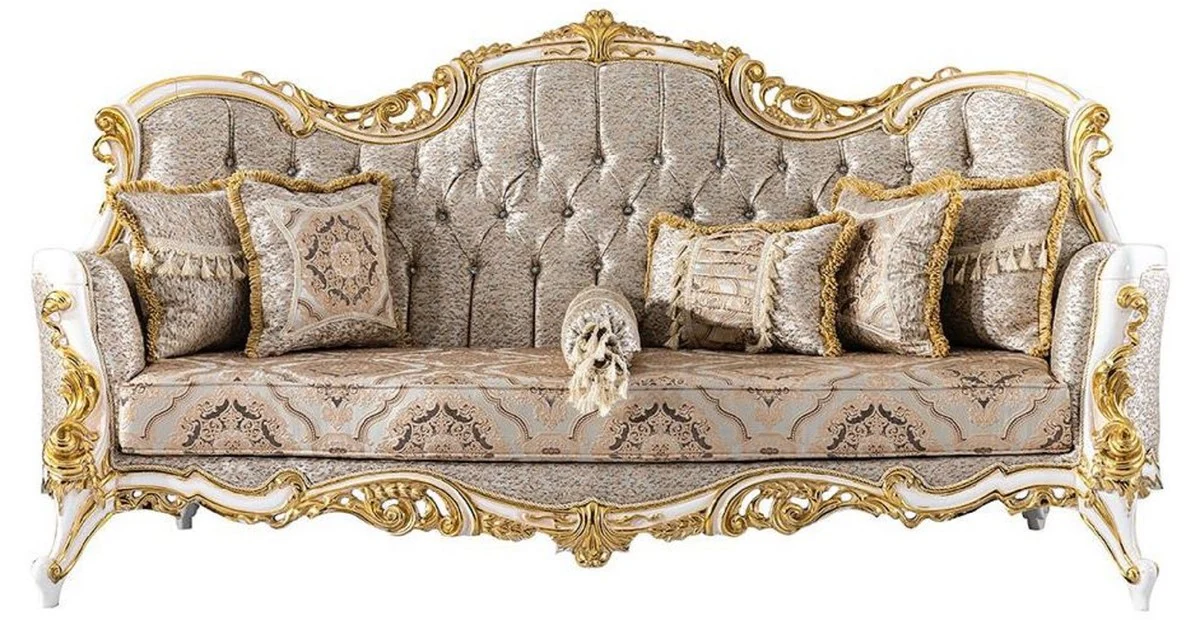 Luxus Barock Sofa Silber / Beige / Schwarz / Weiß / Gold - Prunkvolles Wohnzimmer Sofa mit Glitzersteinen - Barockstil Wohnzimmer Möbel - Luxus Möbel im Barockstil - Barock Einrichtung