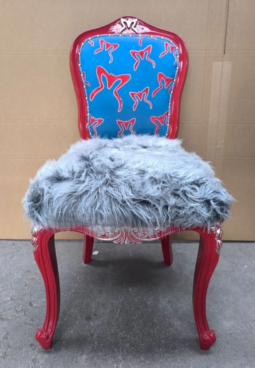 Luxus Barock Esszimmer Stuhl Grau / Blau / Rot / Silber - Barock Möbel