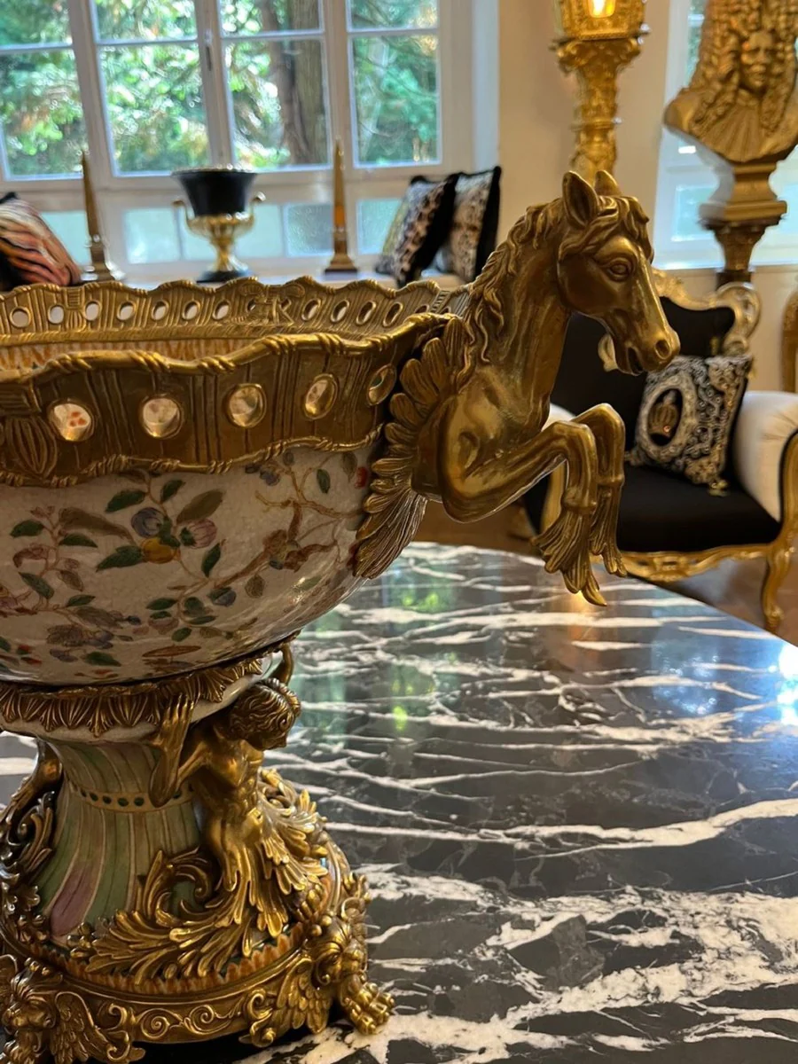 Jugendstil Porzellan Schüssel Mehrfarbig / Messing 63 x 38 x H. 41 cm - Prunkvolle Porzellan Schale - Barock & Jugendstil Deko Accessoires