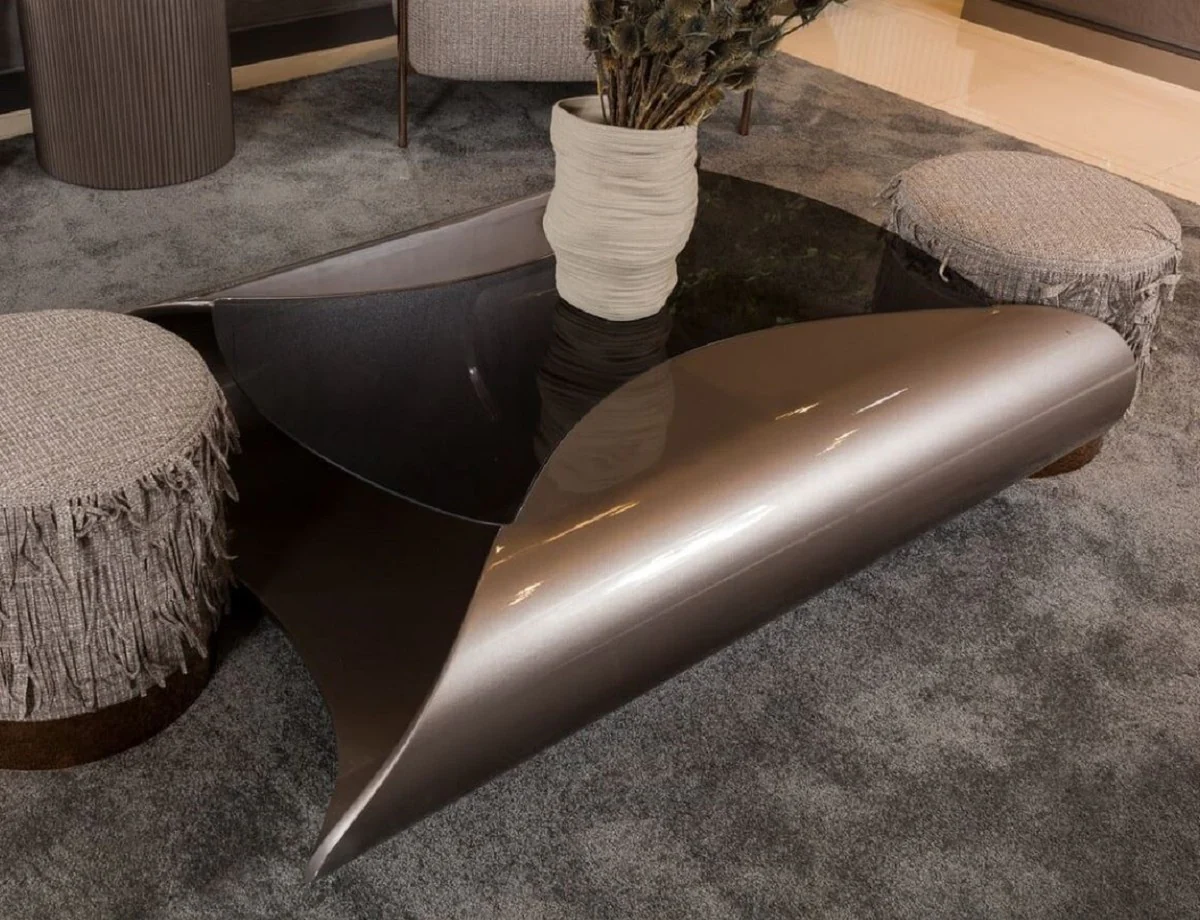 Luxus Designer Couchtisch Grau / Schwarz 140 x 90 x H. 35 cm - Wohnzimmertisch mit Glasplatte - Wohnzimmer Möbel - Hotel Möbel - Luxus Designer Möbel - Luxus Kollektion