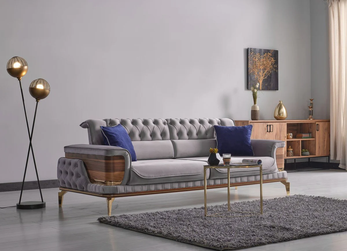 Luxus Schlafsofa Grau / Braun / Gold 232 x 92 x H. 85 cm - Wohnzimmer Sofa mit 2 Kissen - Luxus Wohnzimmer Möbel