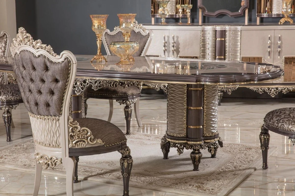 Luxus Barock Esszimmer Stuhl 8er Set Grau / Braun / Gold H. 110 cm - Barock Esszimmer Möbel