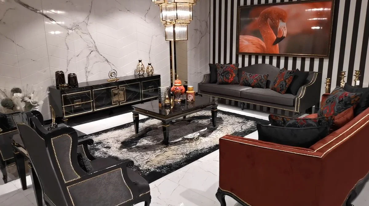 Luxus Barock Sofa Grau / Schwarz / Gold - Prunkvolles Wohnzimmer Sofa im Barockstil - Barock Wohnzimmer Möbel