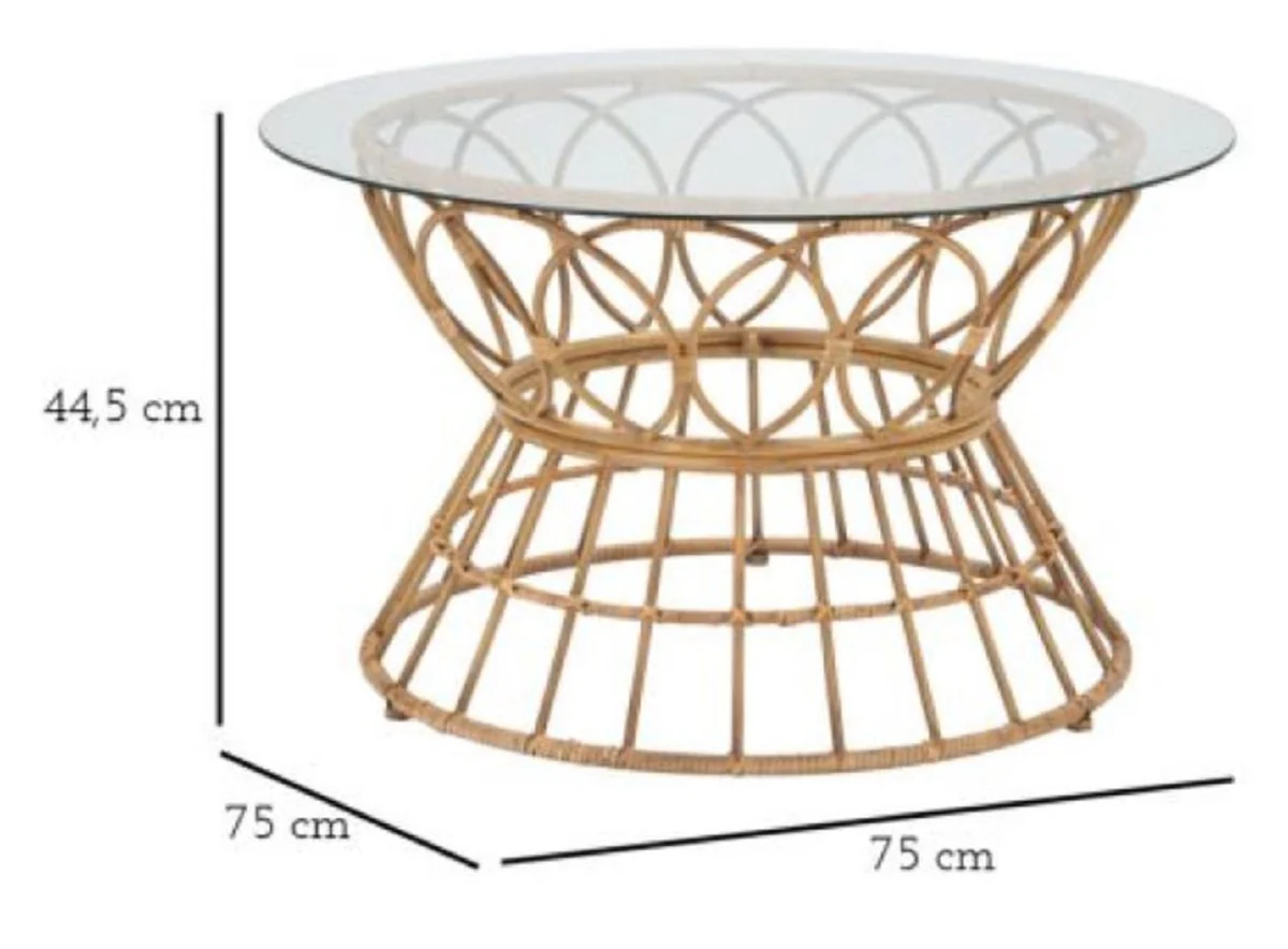 Luxus Couchtisch mit Glasplatte Naturfarben Ø 75 cm - Wohnzimmer Möbel