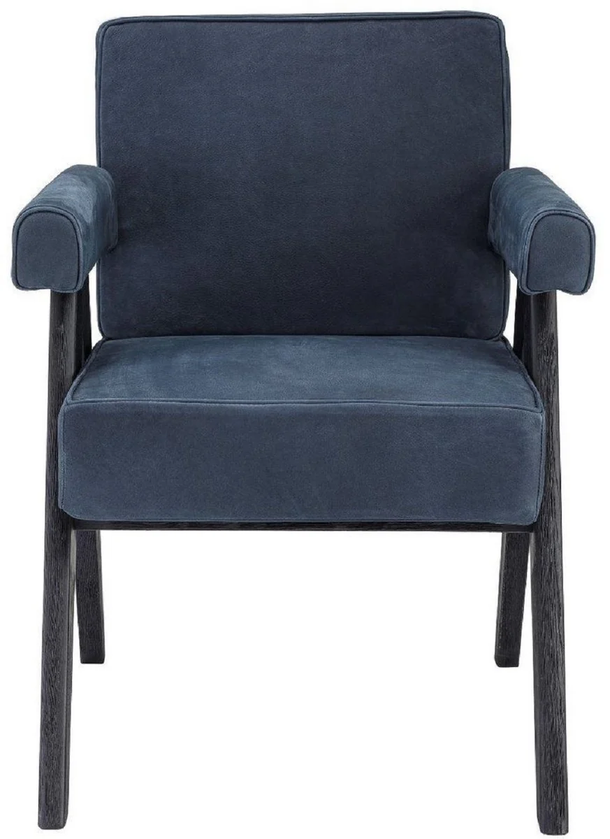 Luxus Echtleder Esszimmerstuhl mit Armlehnen Blau / Schwarz 64 x 70 x H. 87,5 cm - Küchenstuhl mit edlem Nubuk Büffelleder - Luxus Esszimmer Möbel