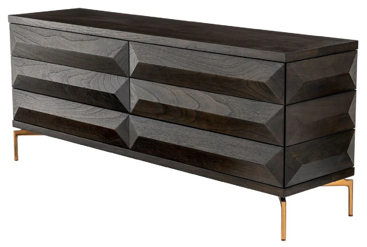 Luxus Massivholz Kommode mit 6 Schubladen Mokka / Messing 182 x 48 x H. 75 cm - Schlafzimmer Kommode - Schlafzimmer Möbel - Luxus Möbel - Luxus Einrichtung - Möbel Luxus