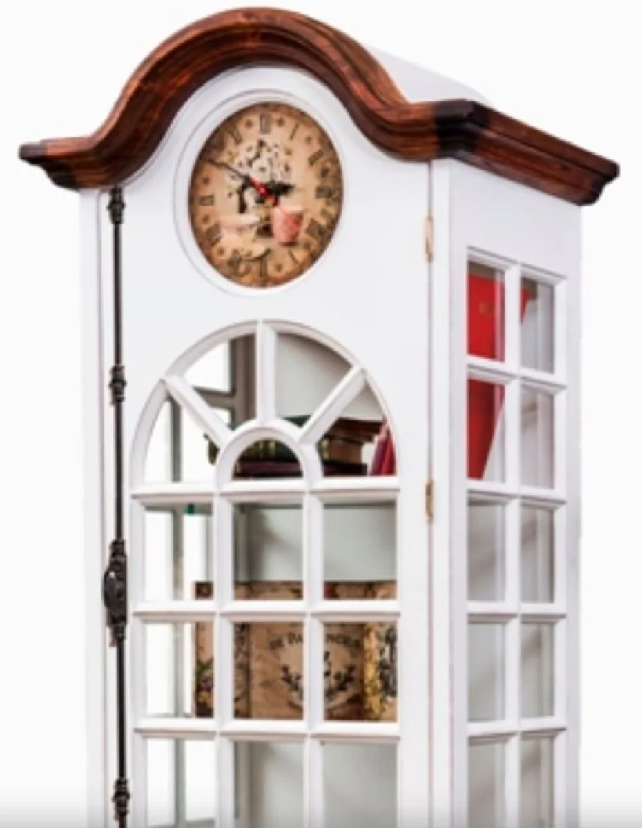 Luxus Landhausstil Schrank mit Uhr Antik Weiß / Braun 73 x 50,5 x H. 213 cm - Landhausstil Esszimmerschrank - Landhausstil Vitrine - Landhausstil Esszimmer Möbel