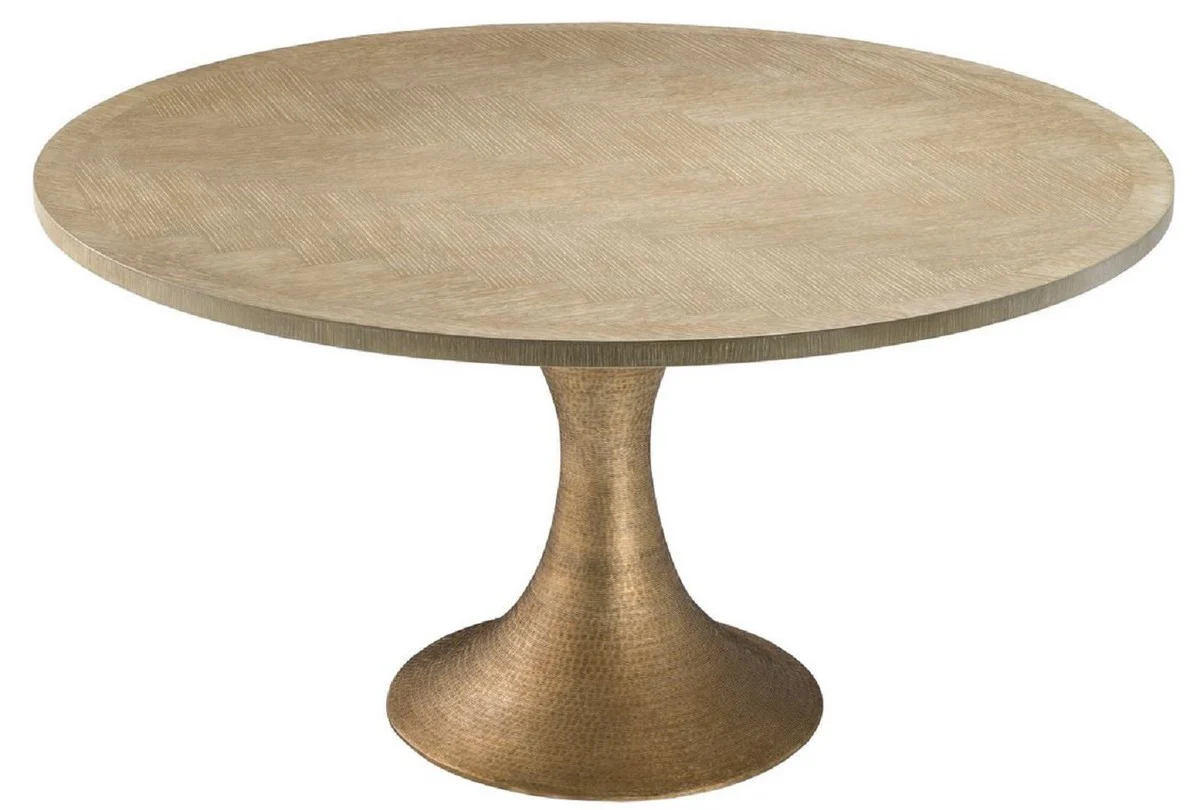 Luxus Esstisch Naturfarben / Messing Ø 140 x H. 76 cm - Runder Küchentisch - Luxus Esszimmer Möbel