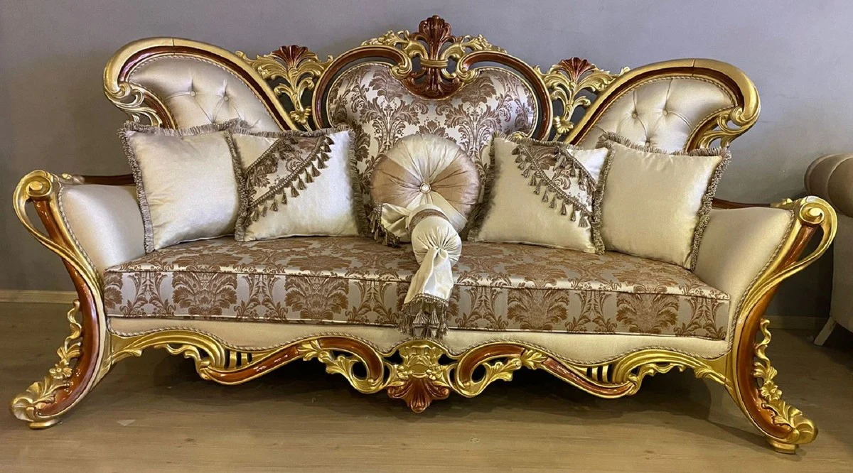Luxus Barock Sofa Creme / Silber / Braun / Gold / Braun - Prunkvolles Wohnzimmer Sofa - Barockstil Wohnzimmer Möbel - Luxus Möbel im Barockstil - Prunkvolle Barock Möbel