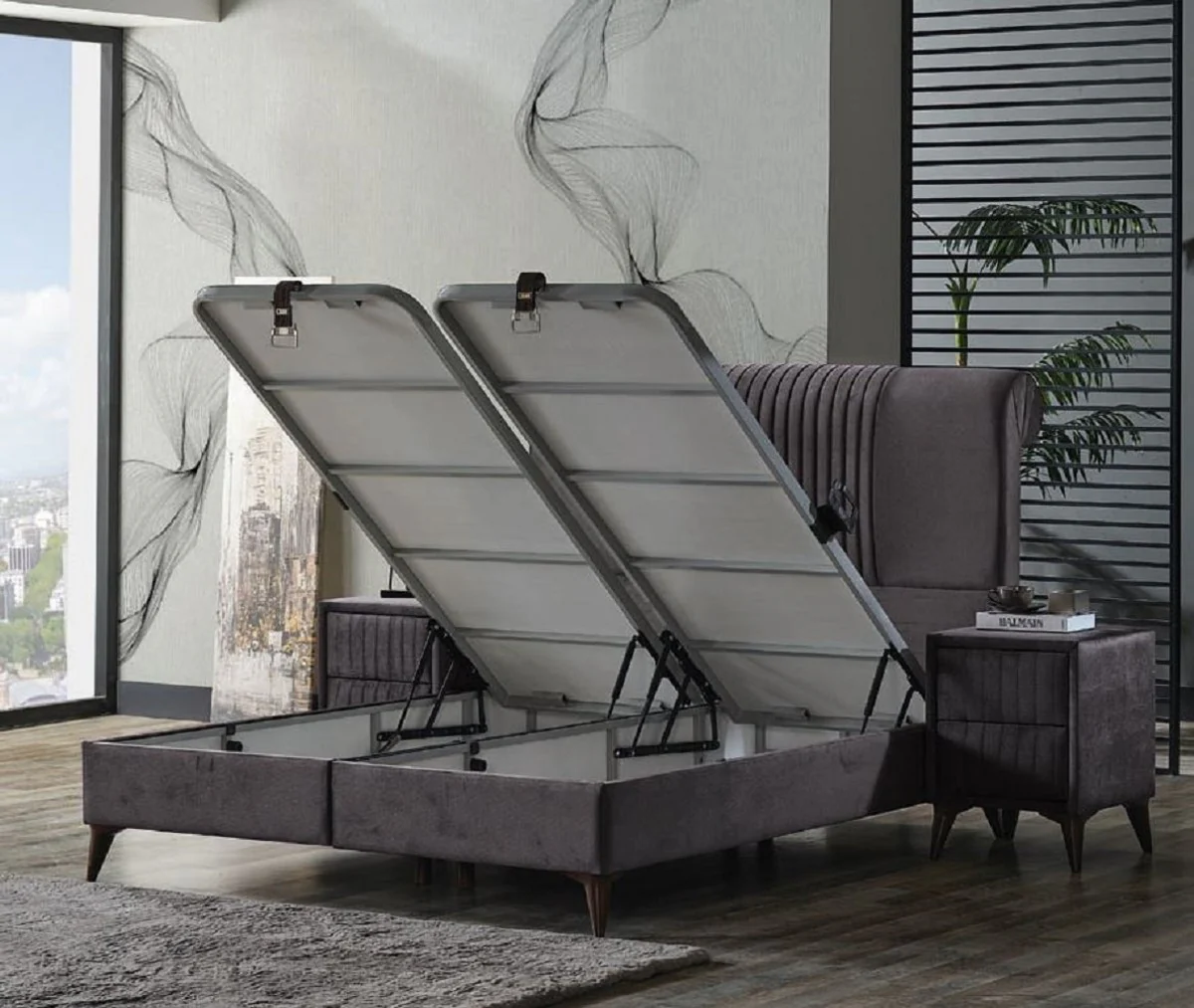 Luxus Doppelbett Grau / Weiß / Dunkelbraun 180 x 200 cm - Massivholz Bett mit Kopfteil und Matratze - Schlafzimmer Möbel - Hotel Möbel - Luxus Möbel - Luxus Einrichtung