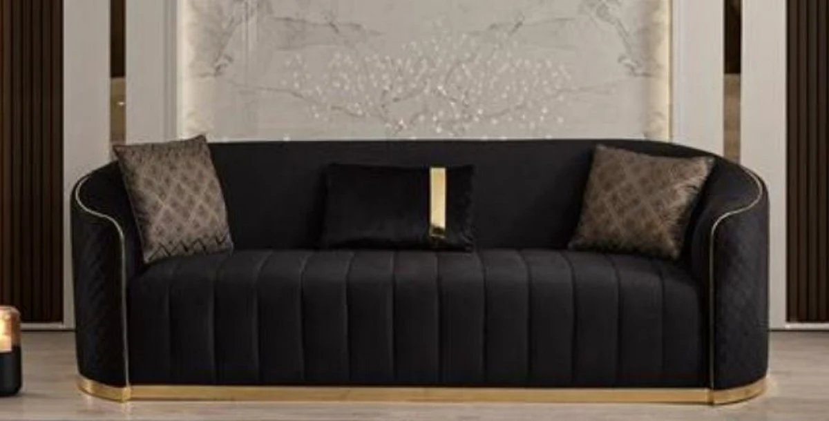 Luxus Samt 3er Sofa Schwarz / Gold 240 x 95 x H. 74 cm - Wohnzimmer Sofa mit edlem Samtstoff - Wohnzimmer Möbel - Luxus Möbel - Wohnzimmer Einrichtung - Luxus Einrichtung
