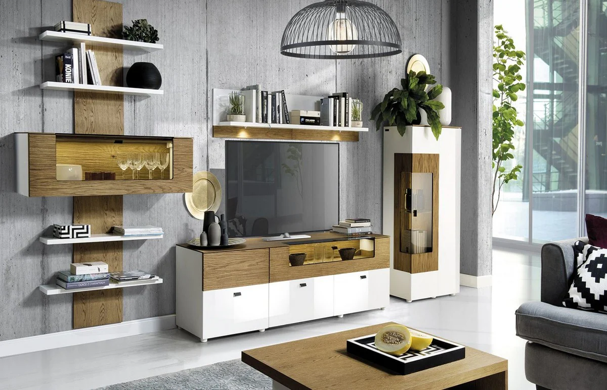 Wandregal Braun / Weiß 110,6 x 40,4 x H. 193,4 cm - Moderne Beleutetetes Massivholz Wandregal - Moderne Wohnzimmer Möbel