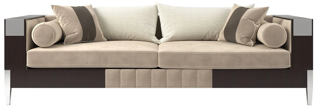 Luxus Art Deco Samt Sofa Beige / Dunkelbraun / Silber 257 x 84 x H. 83 cm - Edles Wohnzimmer Sofa - Luxus Qualität - Art Deco Möbel
