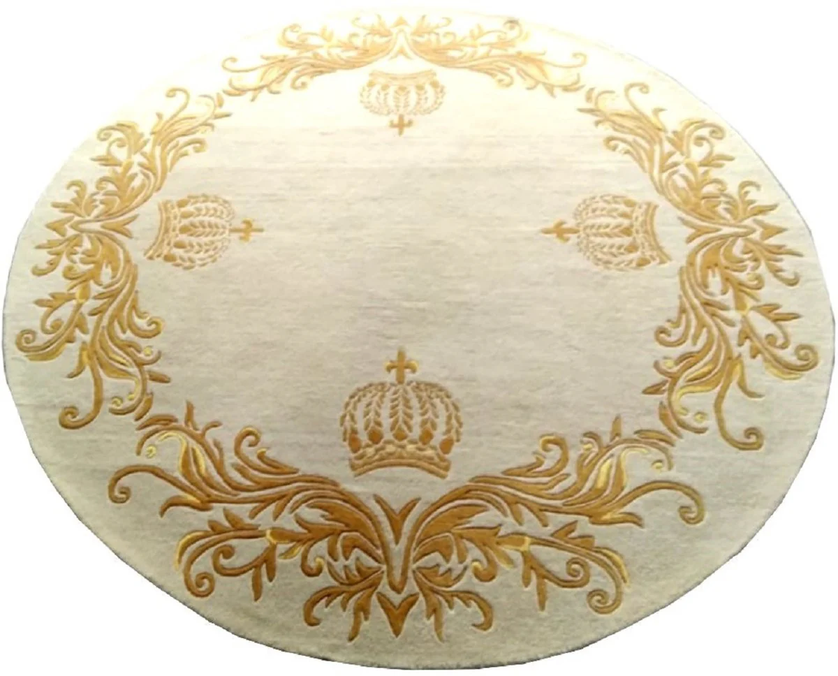 Pompöös by Luxus Teppich von Harald Glööckler Krone Creme / Gold Ø 260 cm - Runder Barock Design Teppich - Handgewebt aus Wolle