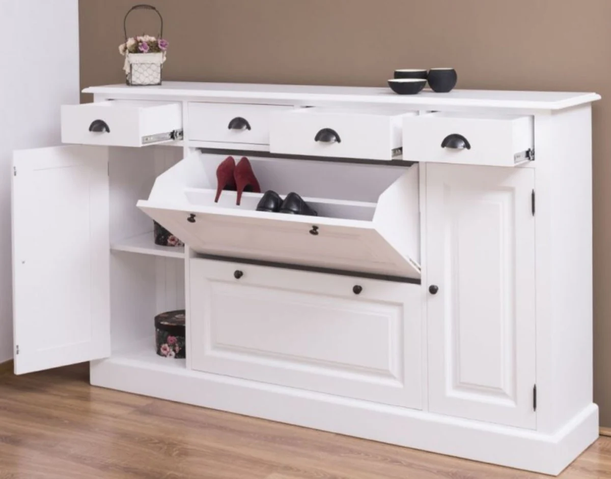 Landhausstil Massivholz Schrank Weiß 176 x 35 x H. 105 cm - Sideboard - Kommode - Schuhschrank - Dielenschrank - Landhausstil Möbel