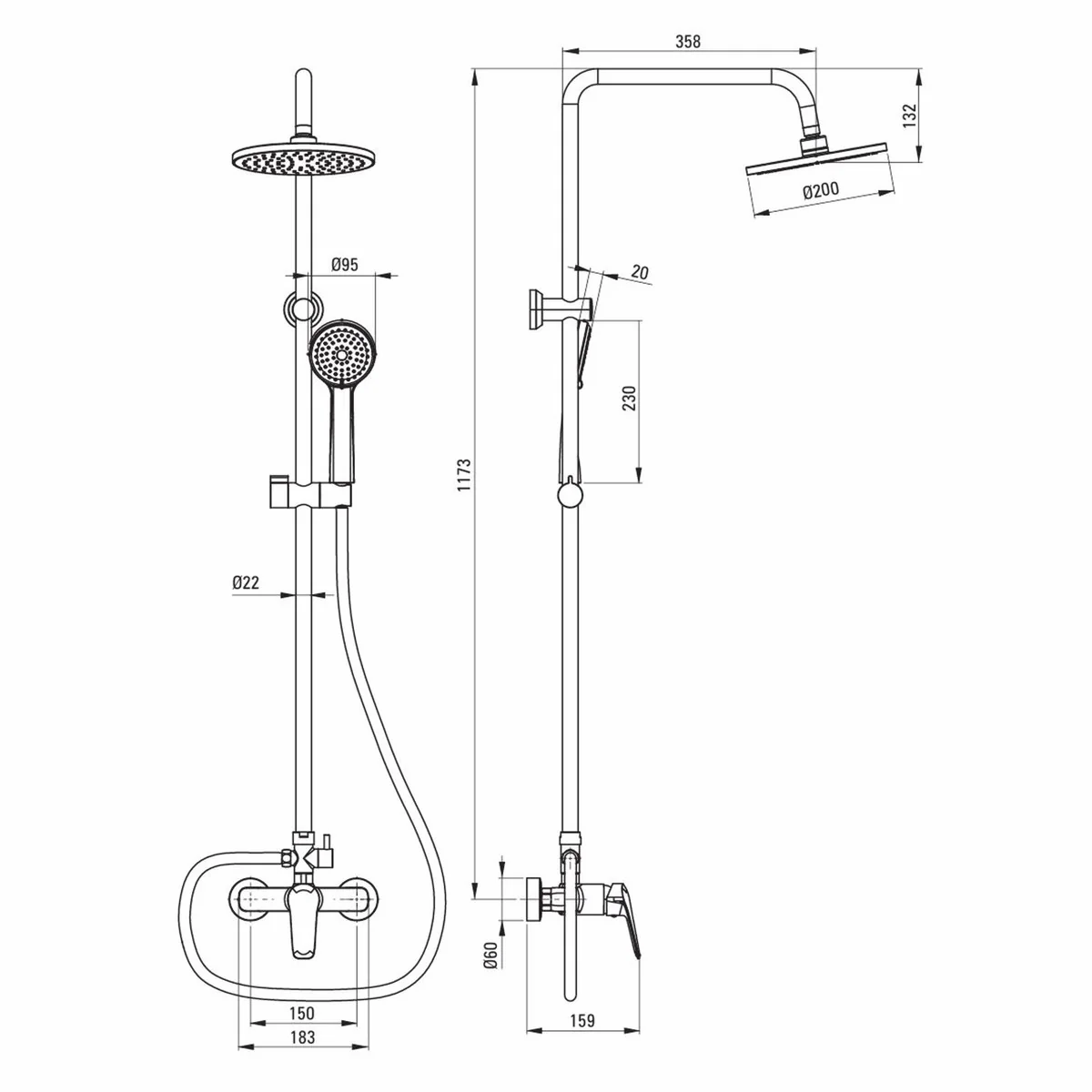 Luxus Duschgarnitur mit Überkopfbrause und Handbrause H. 117,3 cm