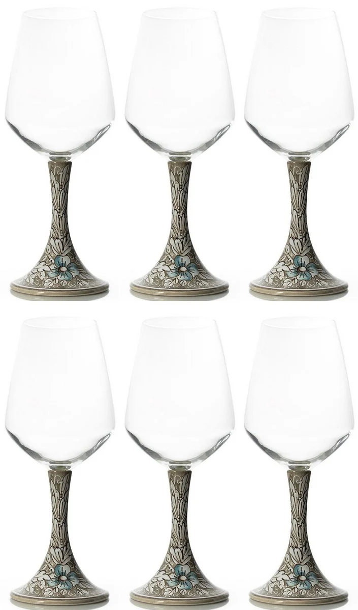 Luxus Keramik Weinglas 6er Set Braun / Mehrfarbig H. 23,5 cm - Handgefertigte & handbemalte Weingläser - Hotel & Restaurant Accessoires - Luxus Qualität - Made in Italy