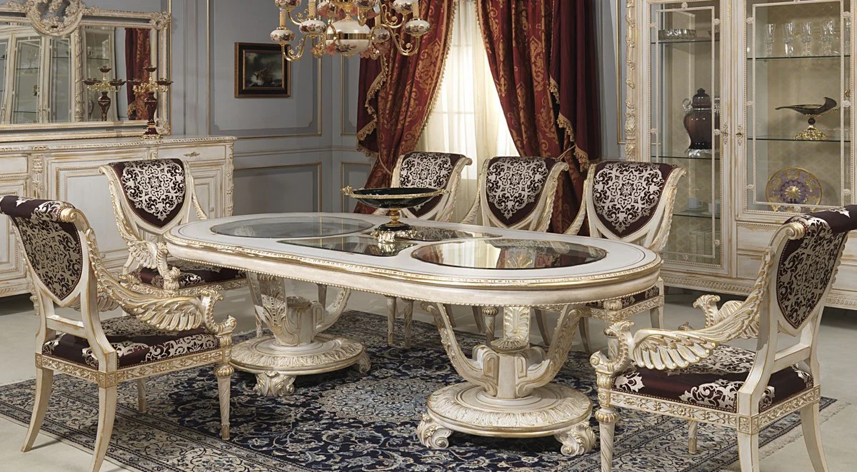 Luxus Barock Esszimmer Stuhl Set Lila / Silber / Weiß / Gold 62 x 74 x H. 103 cm - Prunkvolles Küchen Stühle 4er Set - Hotel Restaurant Schloss Möbel - Luxus Qualität - Made in Italy