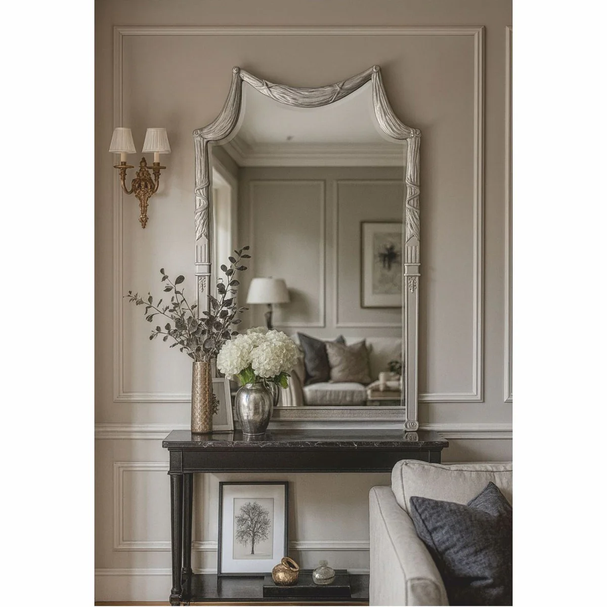 Luxus Barock Massivholz Spiegel Silber H. 135 cm - Made in Italy