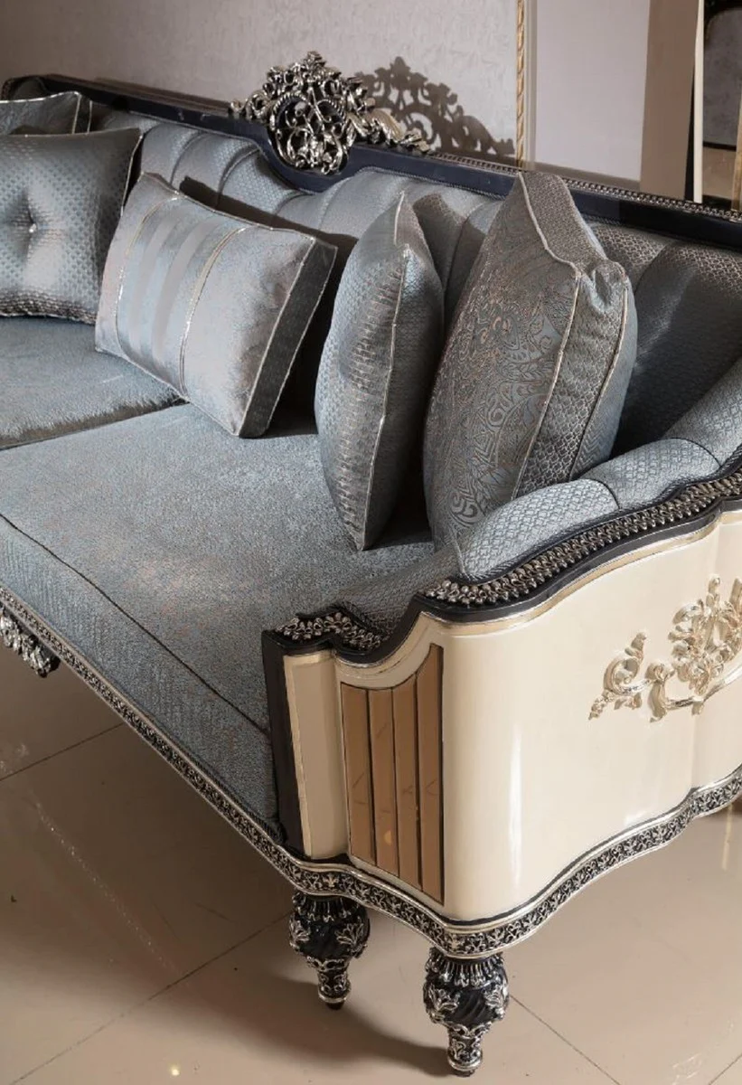 Luxus Barock Sofa Hellblau / Beige / Schwarz / Gold - Prunkvolles Wohnzimmer Sofa mit elegantem Muster - Barock Wohnzimmer & Hotel Möbel - Edel & Prunkvoll