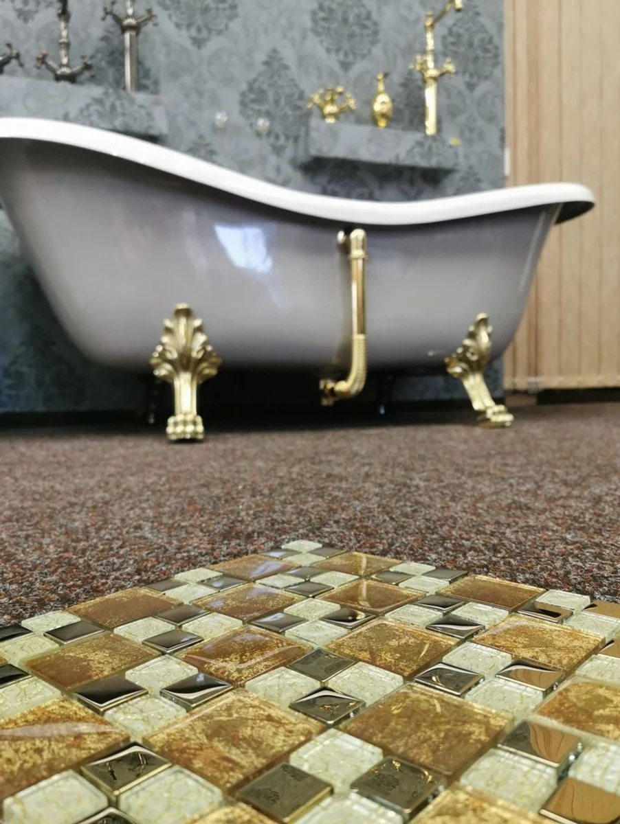 Luxus Jugendstil Badewanne Weiß / Platingrau / Gold 188 x 83 x H. 69 cm - Freistehende Retro Badewanne mit Löwenfüßen - Retro Badezimmer Möbel