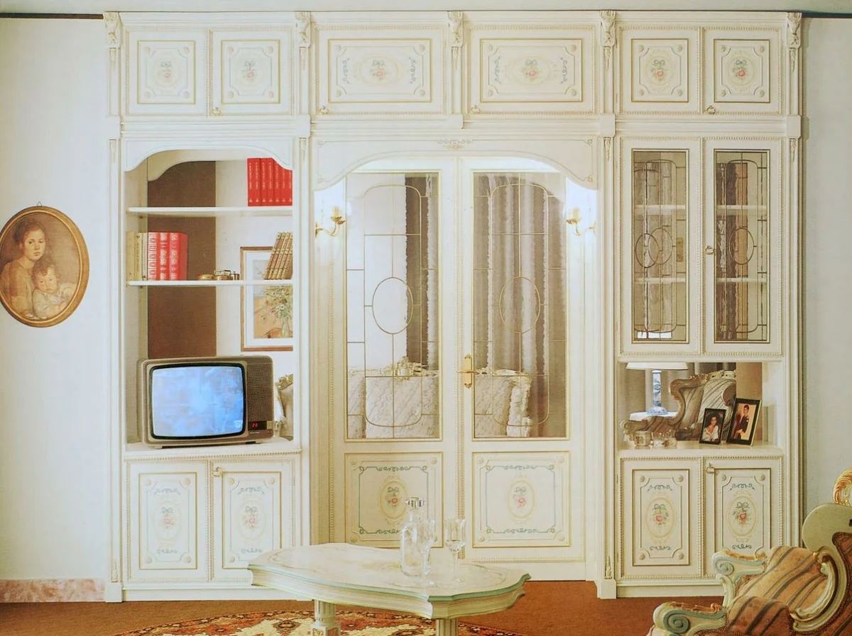 Luxus Barock Schrank Weiß / Mehrfarbig / Gold - Barockstil Massivholz Wohnzimmerschrank - Barock Wohnzimmer Möbel - Luxus Qualität - Made in Italy