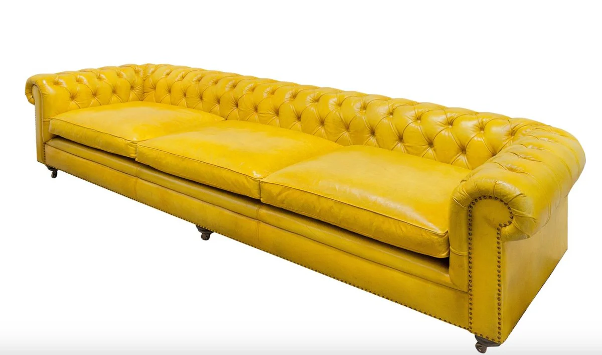 Luxus Chesterfield 3er Sofa Gelb 320 x 110 x H. 71 cm - Luxus Leder Möbel