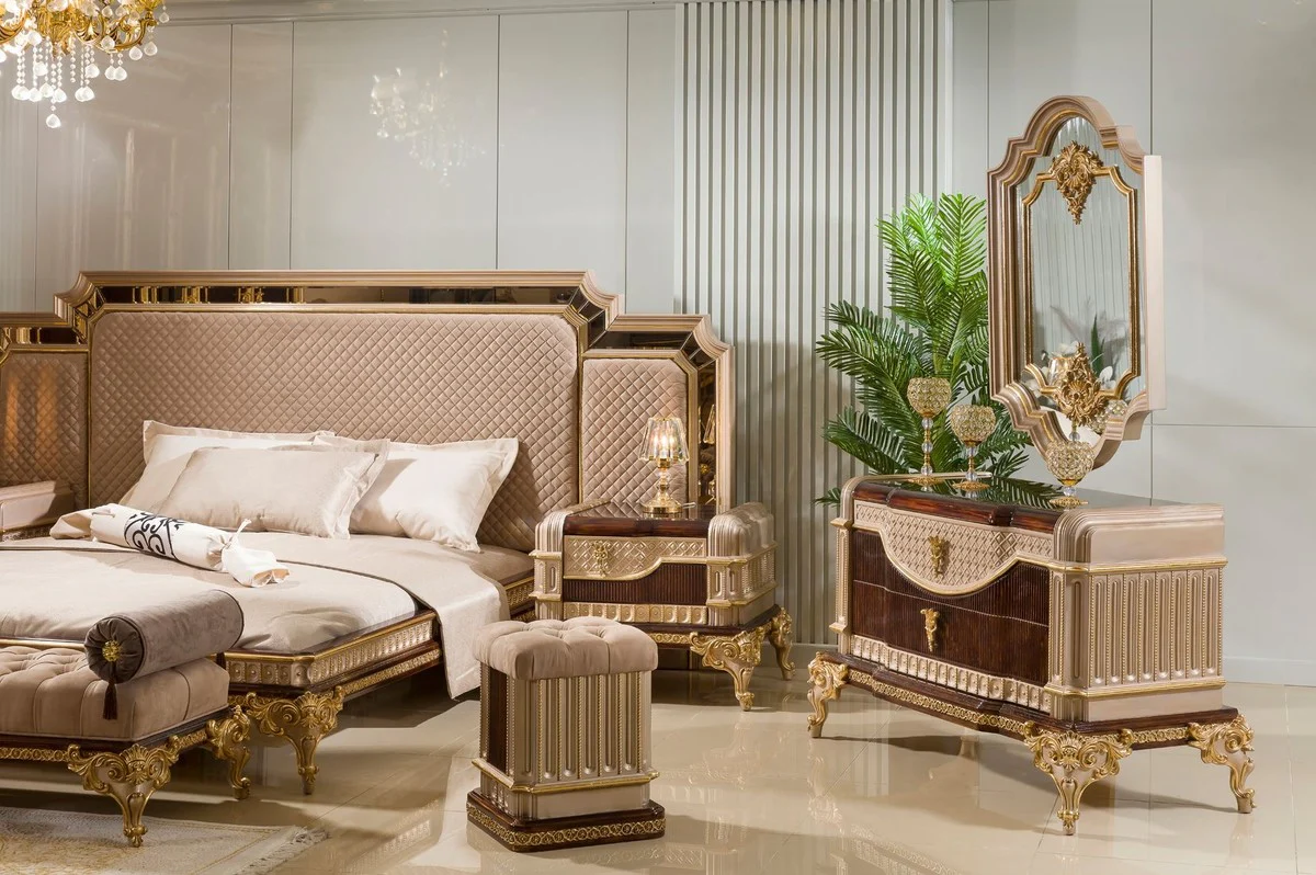 Luxus Barock Kommode mit Spiegel Dunkelbraun / Grau / Gold - Barock Möbel