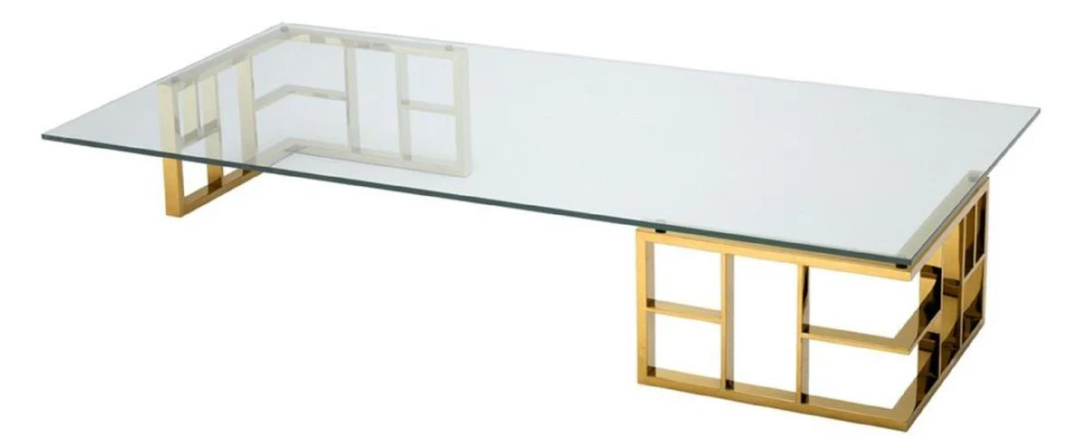 Luxus Couchtisch Gold 180 x 90 x H. 32,2 cm - Edelstahl Wohnzimmertisch mit Glasplatte - Designermöbel