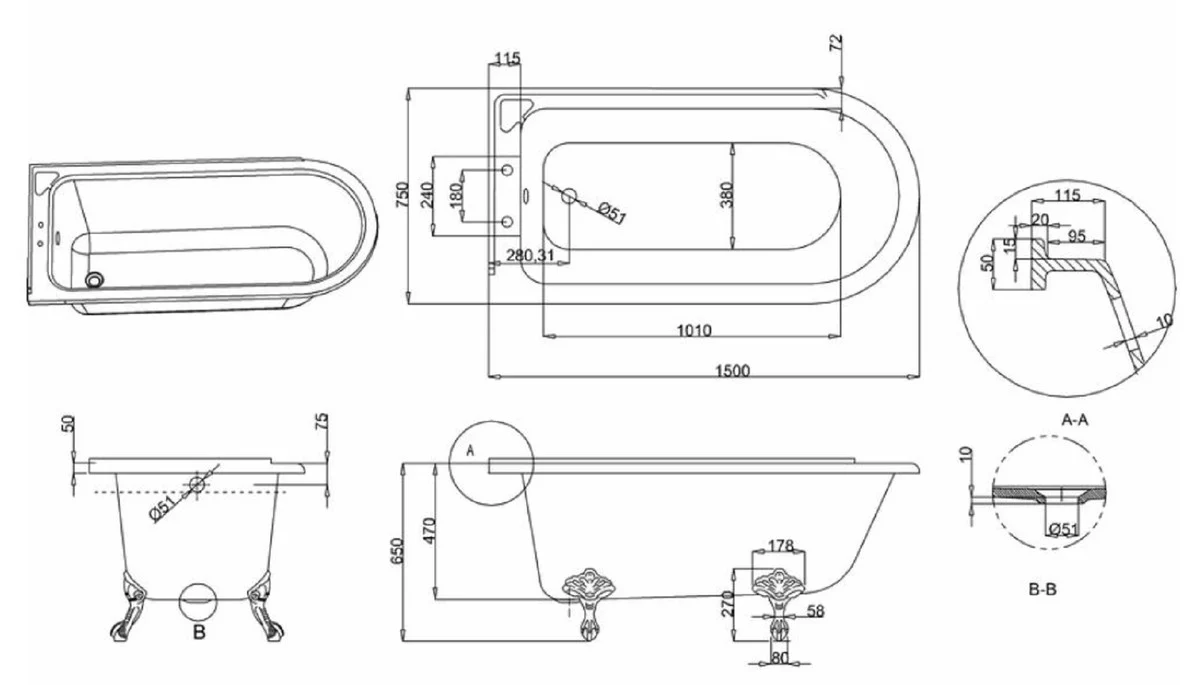 Luxus Jugendstil Badewanne Weiß / Weiß 150 x 75 x H. 65 cm - Freistehende Retro Acryl Badewanne - Nostalgische Retro Badezimmer Möbel