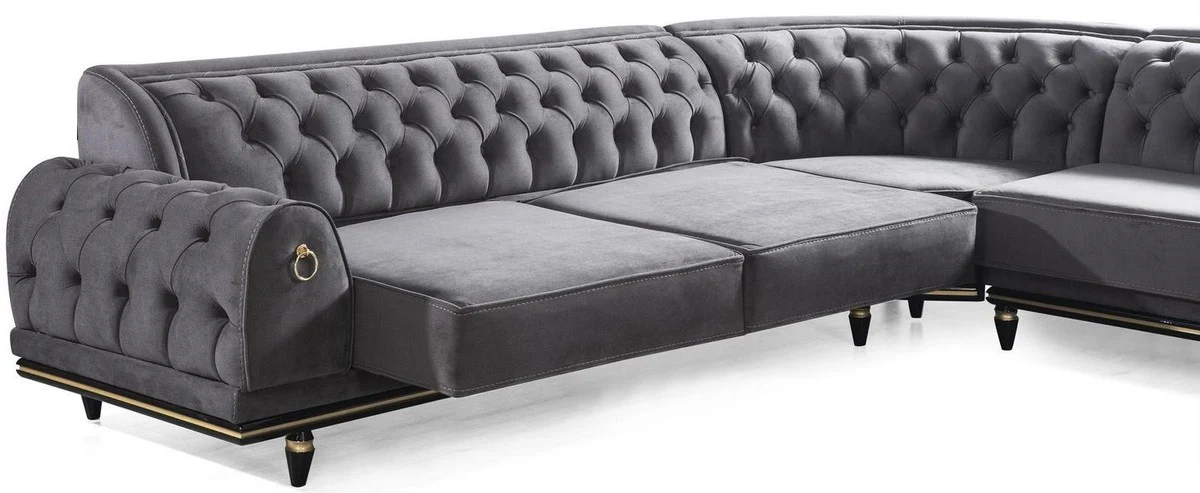 Luxus Art Deco Chesterfield Ecksofa Grau / Schwarz / Gold 320 x 285 x H. 82 cm - Edles Wohnzimmer Sofa mit dekorativen Kissen - Luxus Qualität