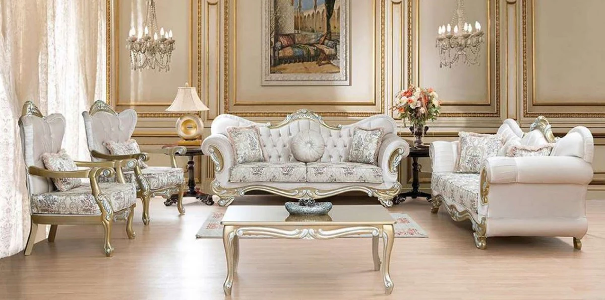 Luxus Barock Wohnzimmer Set Rosa / Mehrfarbig / Gold / Silber - 2 Sofas mit Muster & 2 Sessel mit Muster & 1 Couchtisch - Prunkvolle Barock Wohnzimmer Möbel
