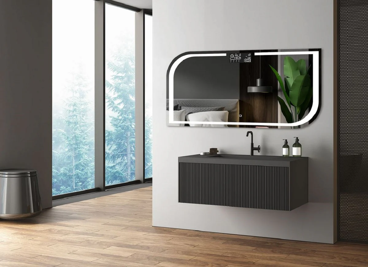 Luxus Badezimmer Spiegel 120 x 2,5 x H. 60 cm - Wandspiegel mit LED Beleuchtung und integrierter Wetterstation - Luxus Badezimmer Möbel