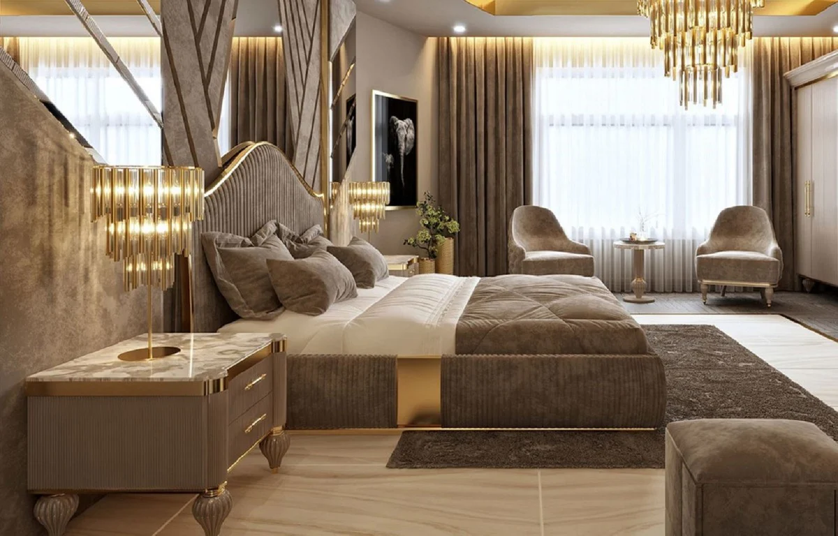 Luxus Art Deco Schlafzimmer Set Grau / Weiß / Gold - 1 Doppelbett mit Kopfteil & 2 Nachttische - Art Deco Schlafzimmer & Hotel Möbel - Luxus Kollektion