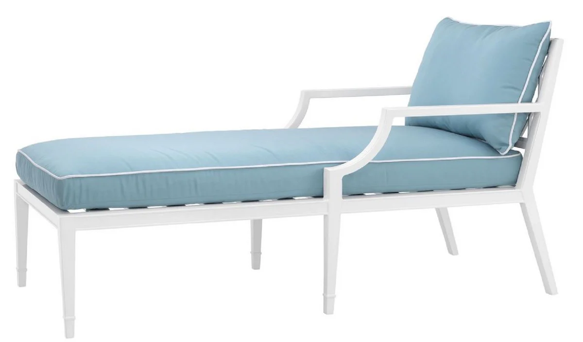 Luxus Chaiselongue Weiß / Hellblau 68,5 x 157 x H. 79 cm - Liegesessel aus hochwertigen strapazierbarem Aluminium - Wohnzimmermöbel - Gartenmöbel - Gastronomie Möbel