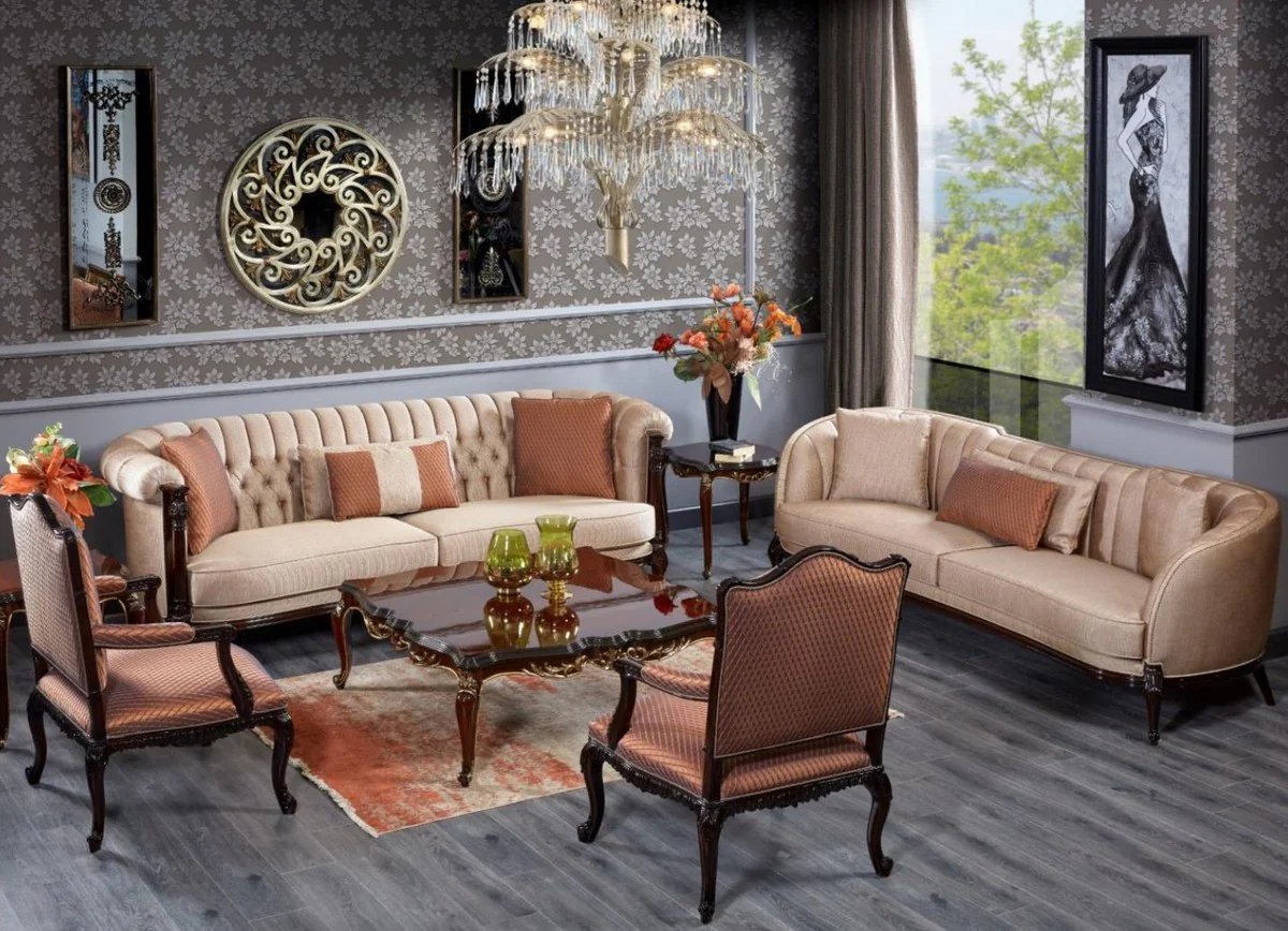 Luxus Barock Couchtisch Dunkelbraun / Schwarz / Gold - Quadratischer Massivholz Wohnzimmertisch im Barockstil - Luxus Wohnzimmer Möbel im Barockstil - Barock Möbel - Edel & Prunkvoll