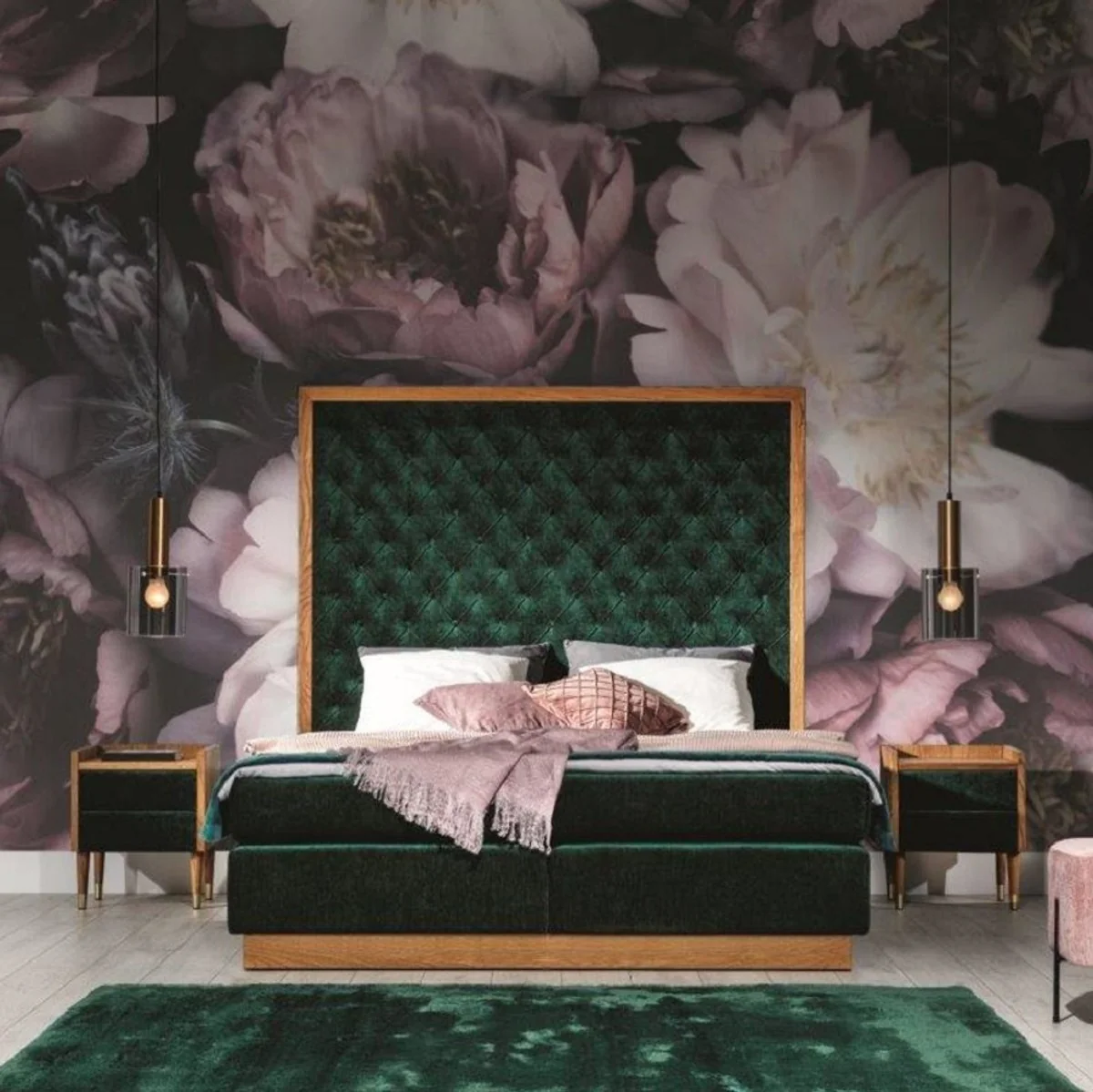 Luxus Doppelbett Dunkelgrün / Naturfarben - Verschiedene Größen - Modernes Massivholz Bett mit Kopfteil - Moderne Schlafzimmer Möbel - Luxus Kollektion