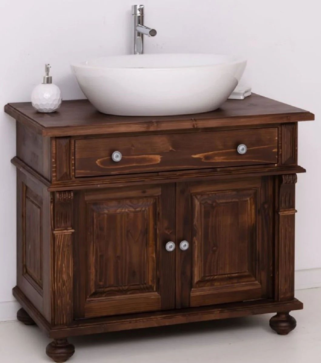 Landhausstil Badezimmer Set Dunkelbraun / Weiß - 1 Waschbeckenschrank & 1 Ovales Keramik Waschbecken - Badezimmer Möbel im Landhausstil - Landhausstil Möbel - Landhausstil Einrichtung