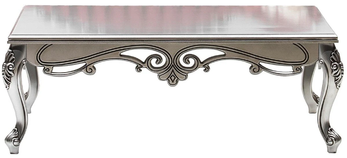 Luxus Barock Couchtisch Silber - Rechteckiger Massivholz Wohnzimmertisch im Barockstil - Barock Möbel - Luxus Möbel im Barockstil - Barock Einrichtung - Edel & Prunkvoll