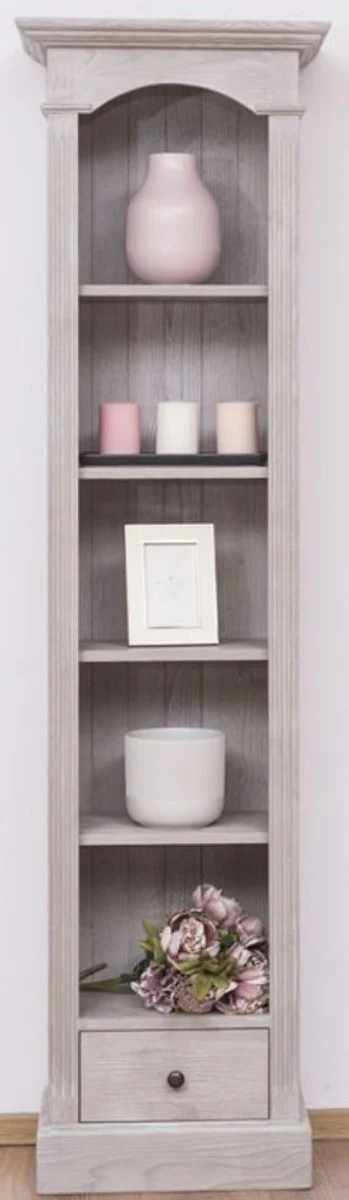 Landhausstil Regalschrank Hellgrau 50 x 33 x H. 190 cm - Massivholz Schrank mit 4 Regalen und Schublade - Landhausstil Möbel