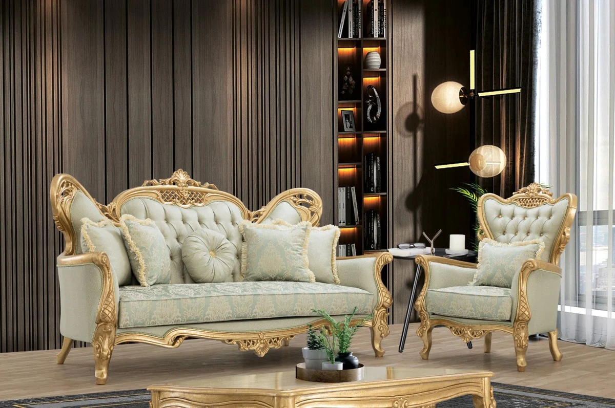 Luxus Barock Sofa Hellgrün / Gold - Handgefertigtes Wohnzimmer Sofa mit elegantem Muster und Glitzersteinen - Barock Wohnzimmer Möbel - Edel & Prunkvoll