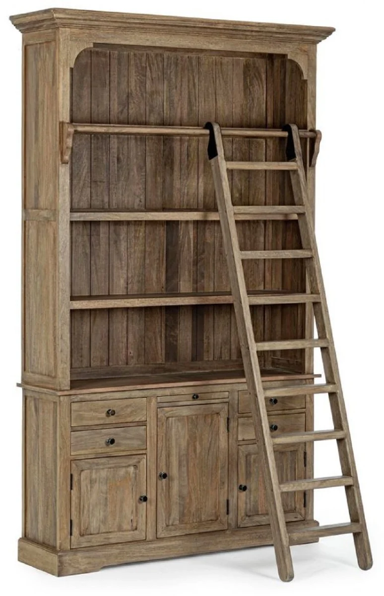 Landhausstil Schrank mit Leiter Braun 143,5 x 40,6 x H. 233,7 cm - Bücherschrank - Regalschrank - Wohnzimmerschrank - Büroschrank - Landhausstil Möbel
